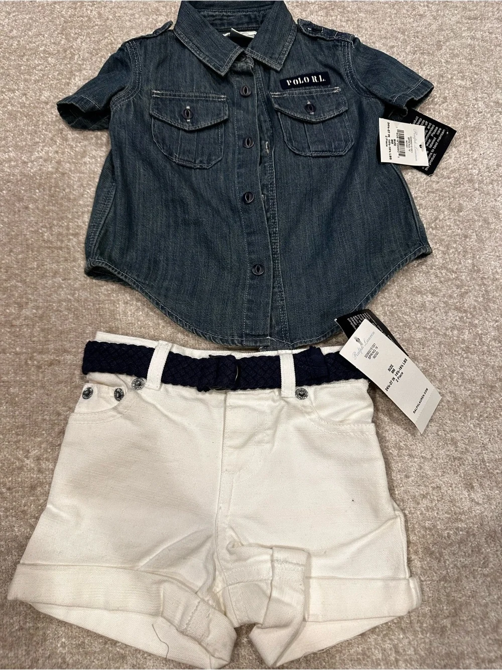 Polo by Ralph Lauren Girls' Denim Shirt & White Shorts Set - Navy Belt